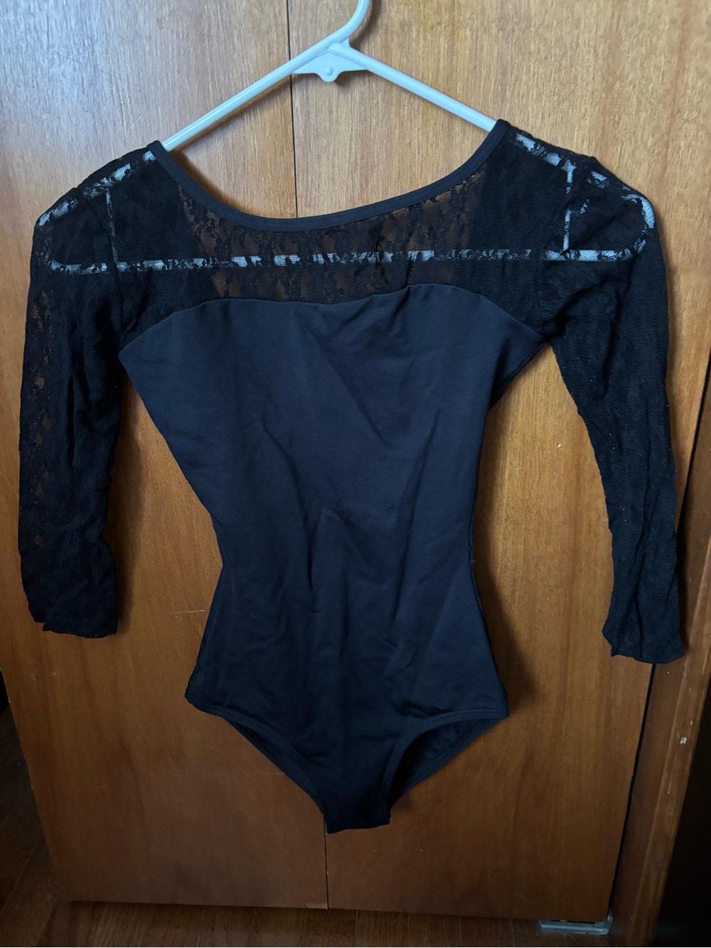 Women's Black Lace - 3/4 Sleeve Scoop Neck Leotard